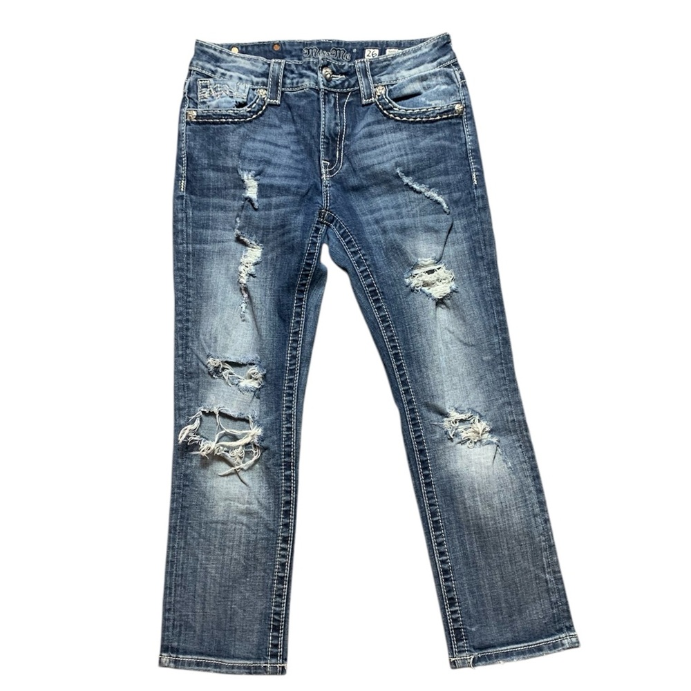 Miss Me Boyfriend Capri Jeans Distressed Blue Embellished Pockets Size 26